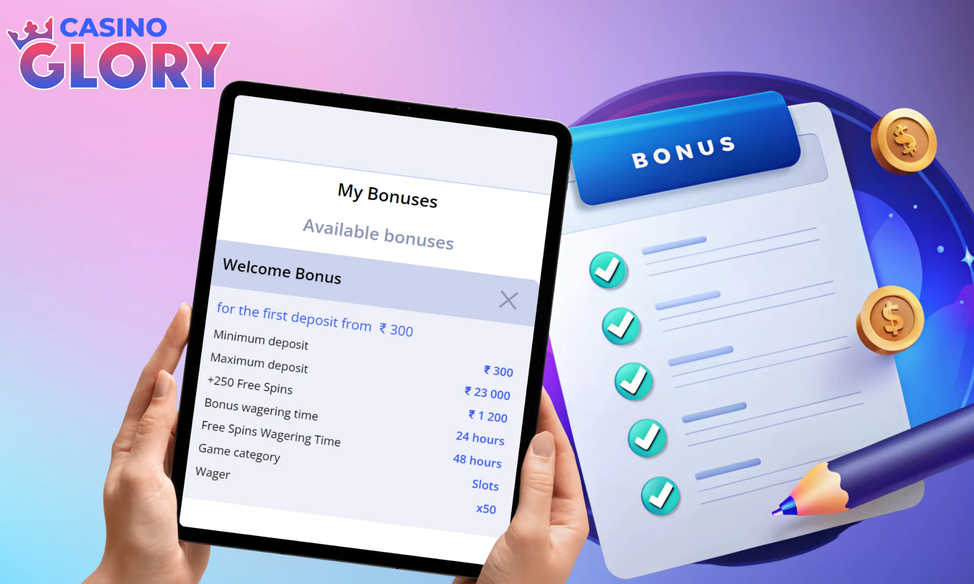 Requirements to get Glory Casino no deposit bonus
